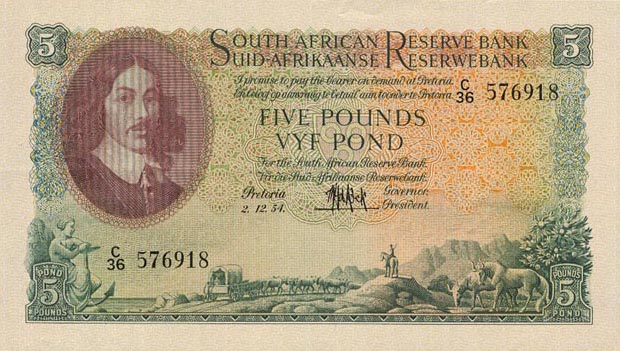 Front of South Africa p96b: 5 Pounds from 1953