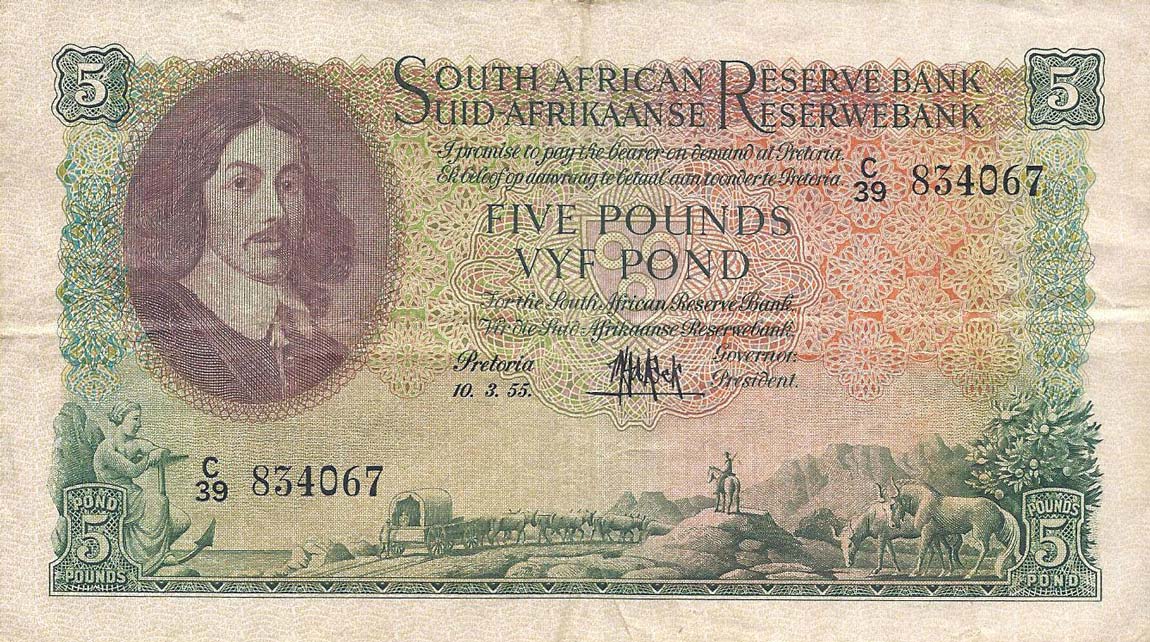 Front of South Africa p96c: 5 Pounds from 1954