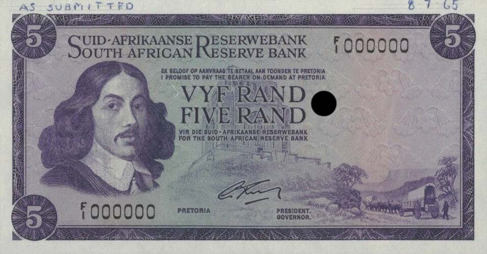 Front of South Africa p112s1: 5 Rand from 1966