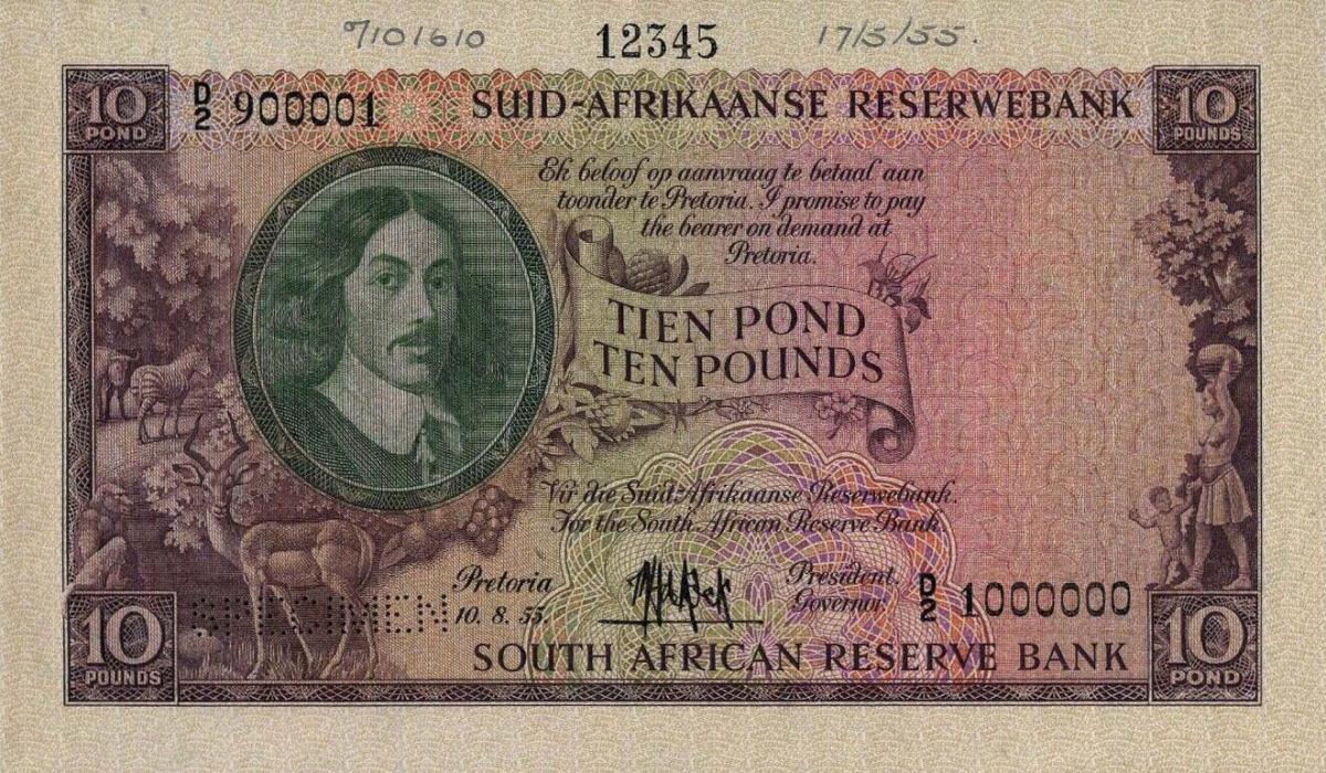 Front of South Africa p99s: 10 Pounds from 1952