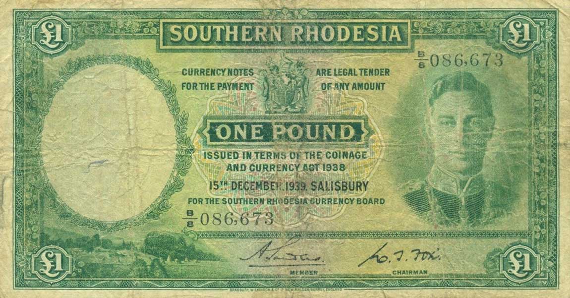 Front of Southern Rhodesia p10a: 1 Pound from 1939