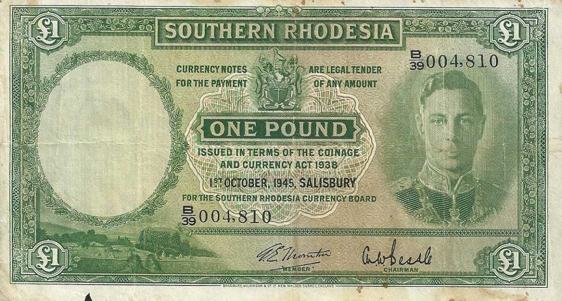 Front of Southern Rhodesia p10c: 1 Pound from 1945