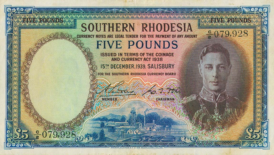 Front of Southern Rhodesia p11a: 5 Pounds from 1939
