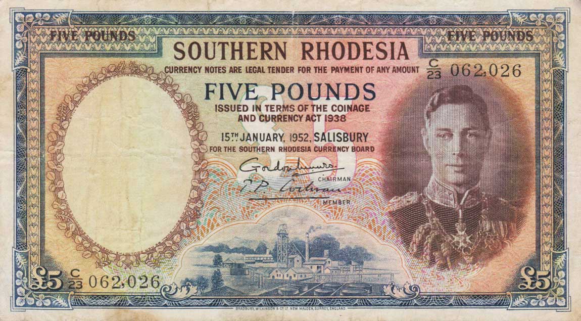 Front of Southern Rhodesia p11g: 5 Pounds from 1952