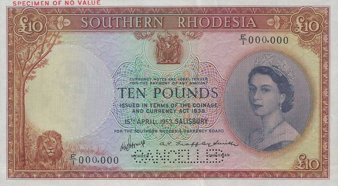 Front of Southern Rhodesia p15s: 10 Pounds from 1953