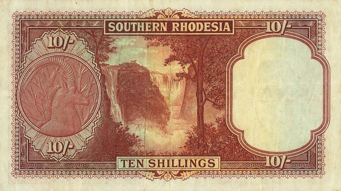 Back of Southern Rhodesia p9d: 10 Shillings from 1948