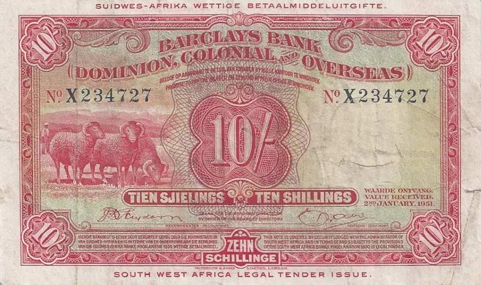 Front of Southwest Africa p1c: 10 Shillings from 1951