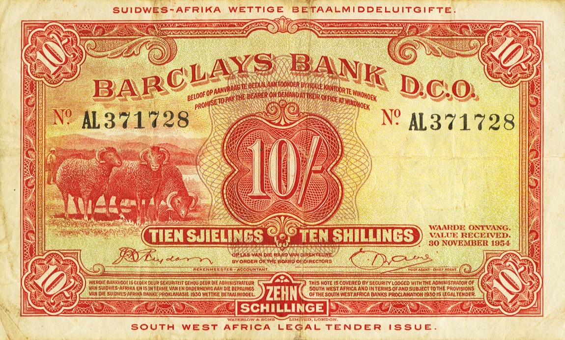 Front of Southwest Africa p4a: 10 Shillings from 1954