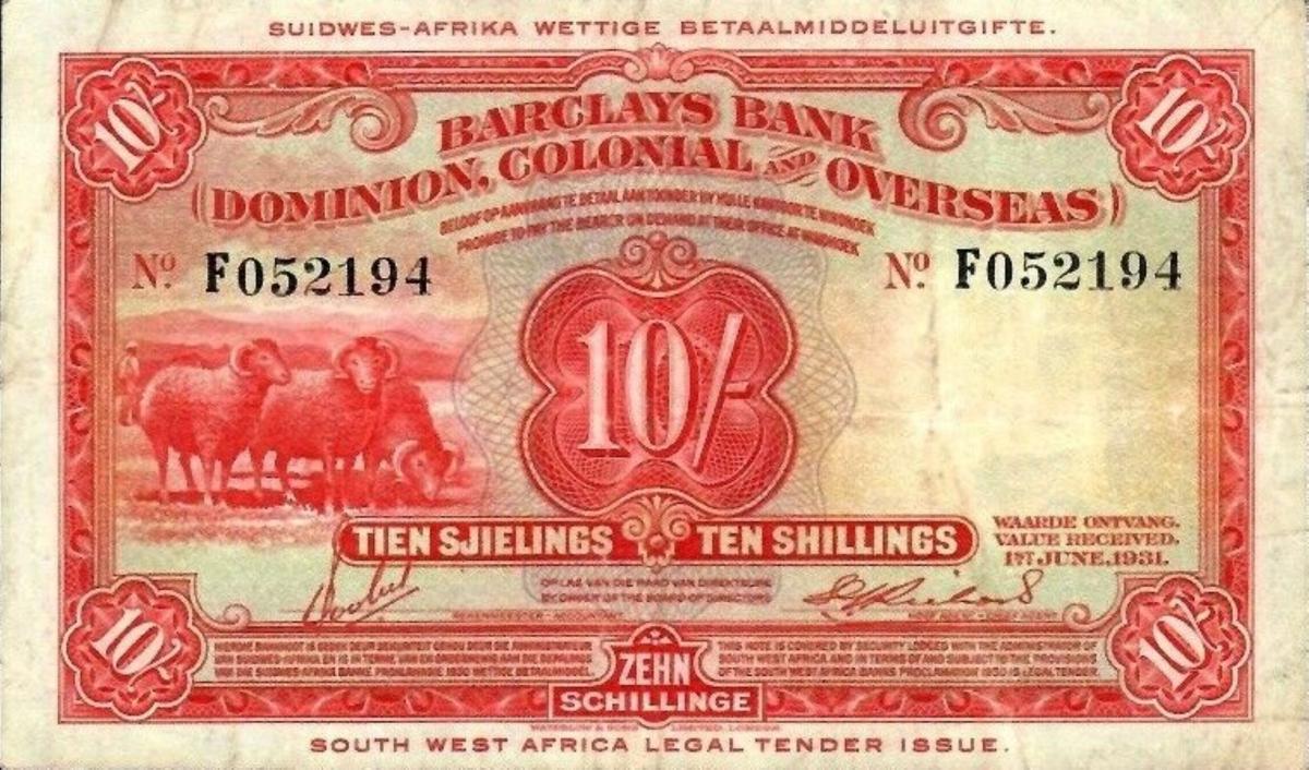 Front of Southwest Africa p1a: 10 Shillings from 1931
