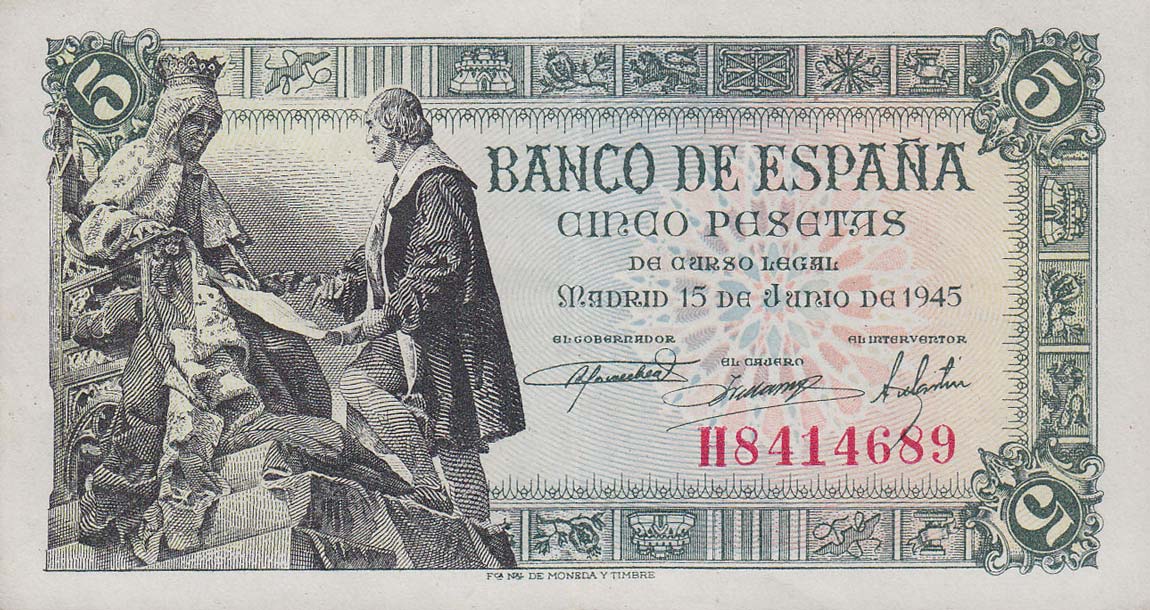 Front of Spain p129a: 5 Pesetas from 1945