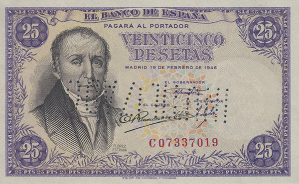 Front of Spain p130s: 25 Pesetas from 1946