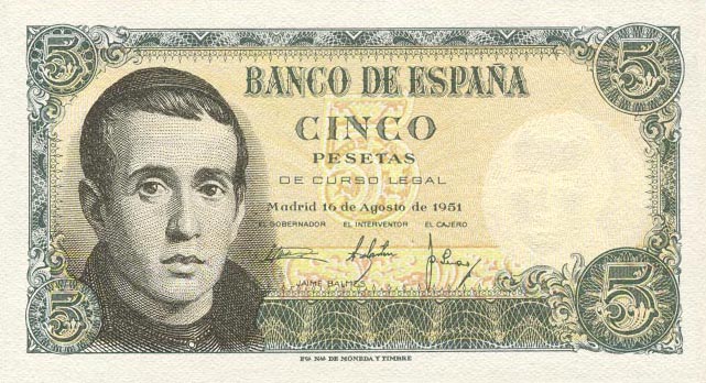Front of Spain p140a: 5 Pesetas from 1951