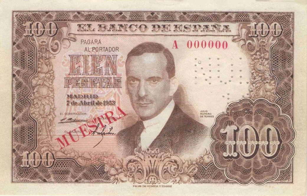 Front of Spain p145s: 100 Pesetas from 1953