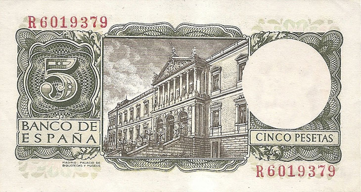 Back of Spain p146a: 5 Pesetas from 1954