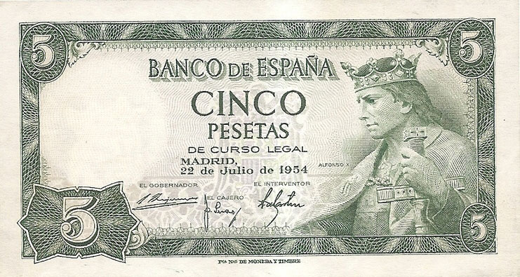 Front of Spain p146a: 5 Pesetas from 1954