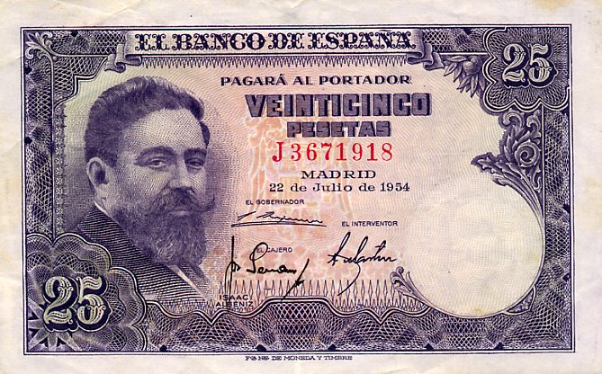 Front of Spain p147a: 25 Pesetas from 1954