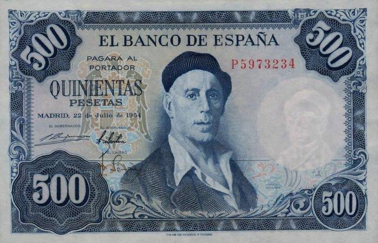 Front of Spain p148a: 500 Pesetas from 1954