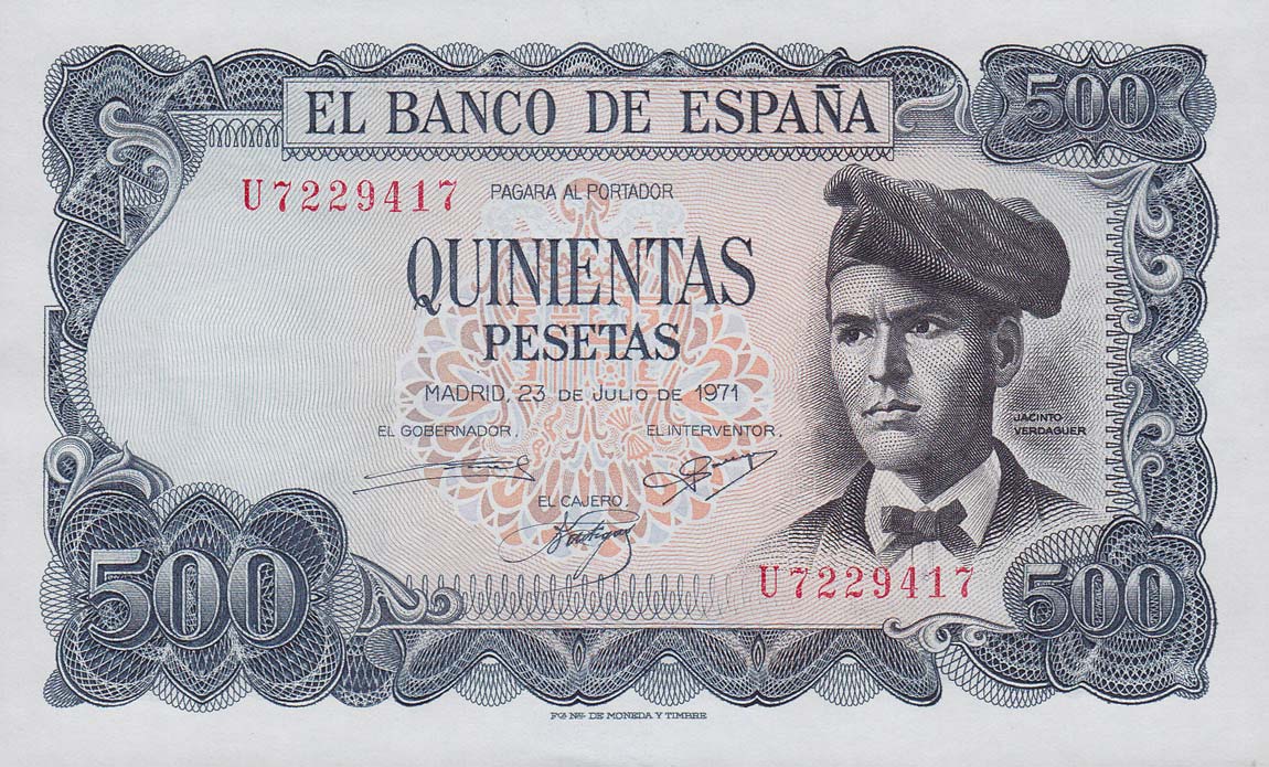 Front of Spain p153a: 500 Pesetas from 1971