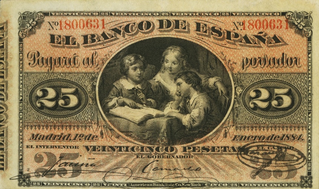 Front of Spain p24a: 25 Pesetas from 1884