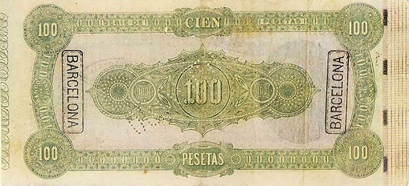 Back of Spain p3: 100 Pesetas from 1874