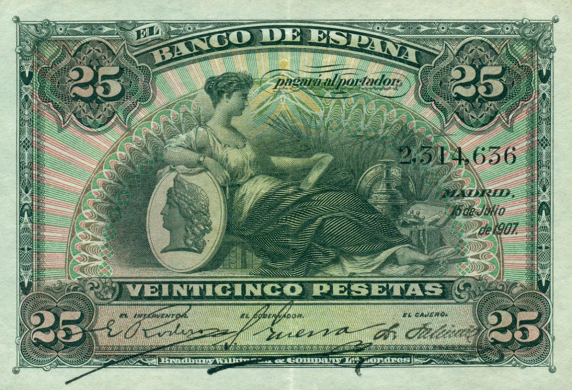 Front of Spain p62a: 25 Pesetas from 1907