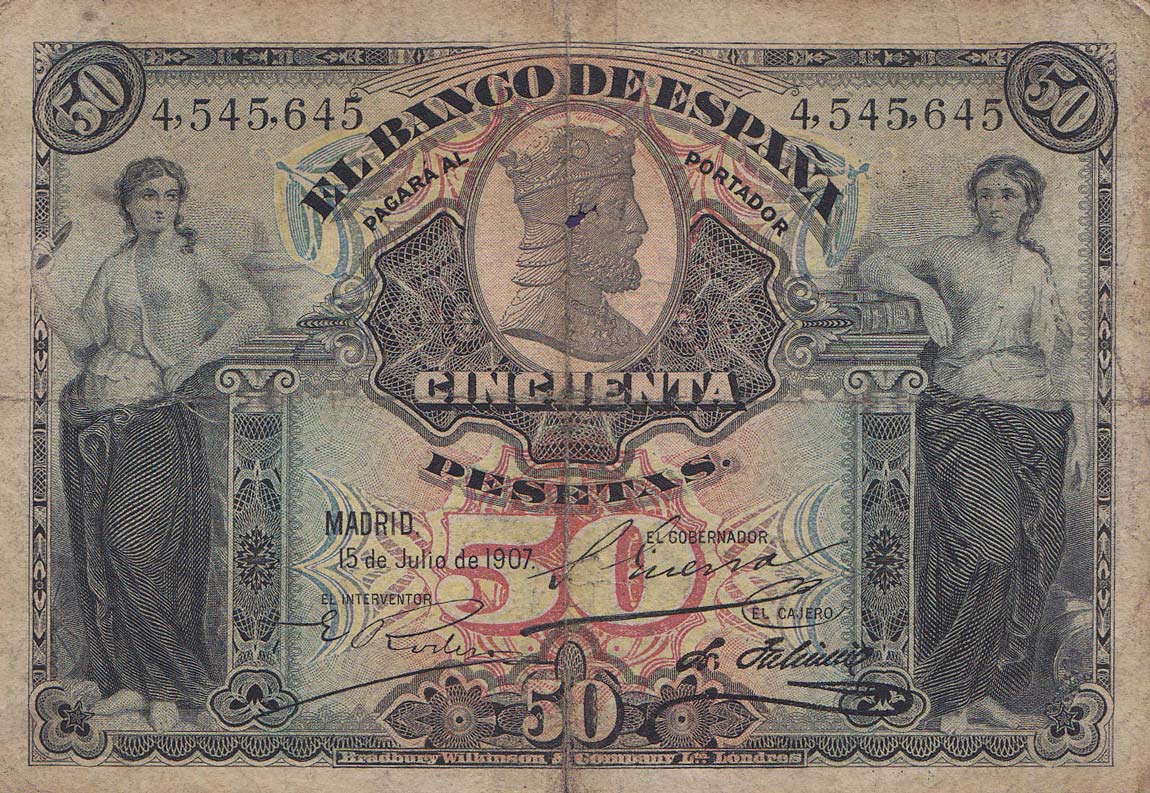 Front of Spain p63a: 50 Pesetas from 1907