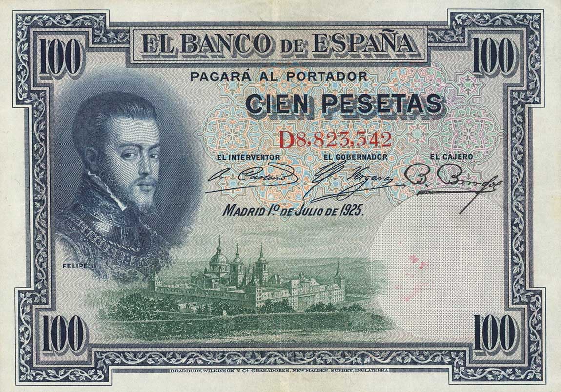 Front of Spain p69d: 100 Pesetas from 1925