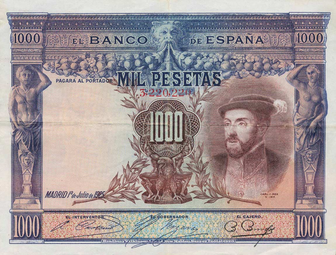 Front of Spain p70a: 1000 Pesetas from 1925