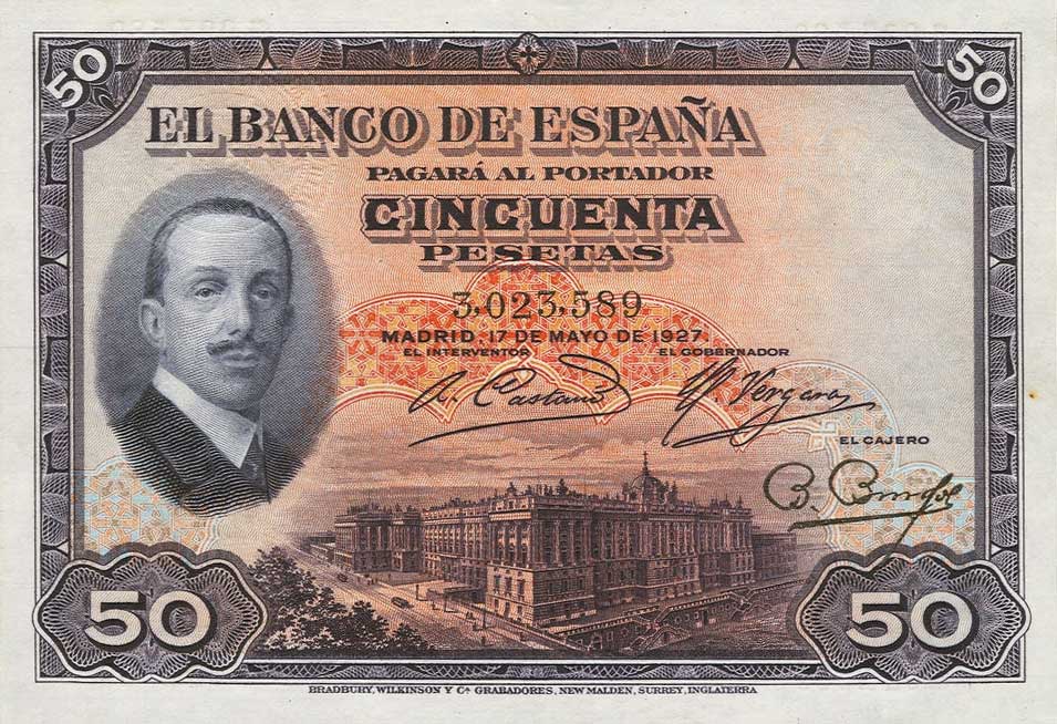 Front of Spain p72a: 50 Pesetas from 1927