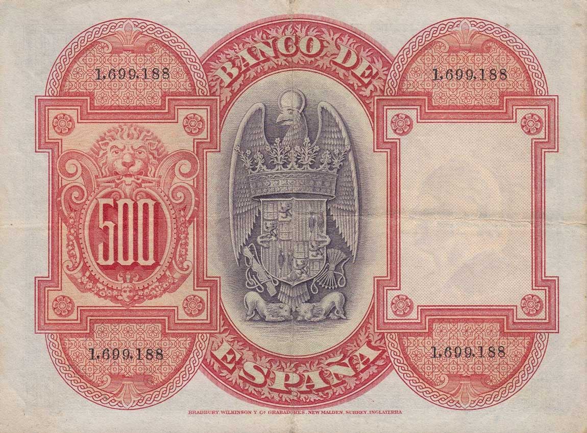 Back of Spain p73a: 500 Pesetas from 1927