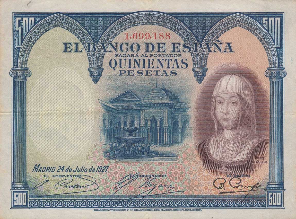 Front of Spain p73a: 500 Pesetas from 1927