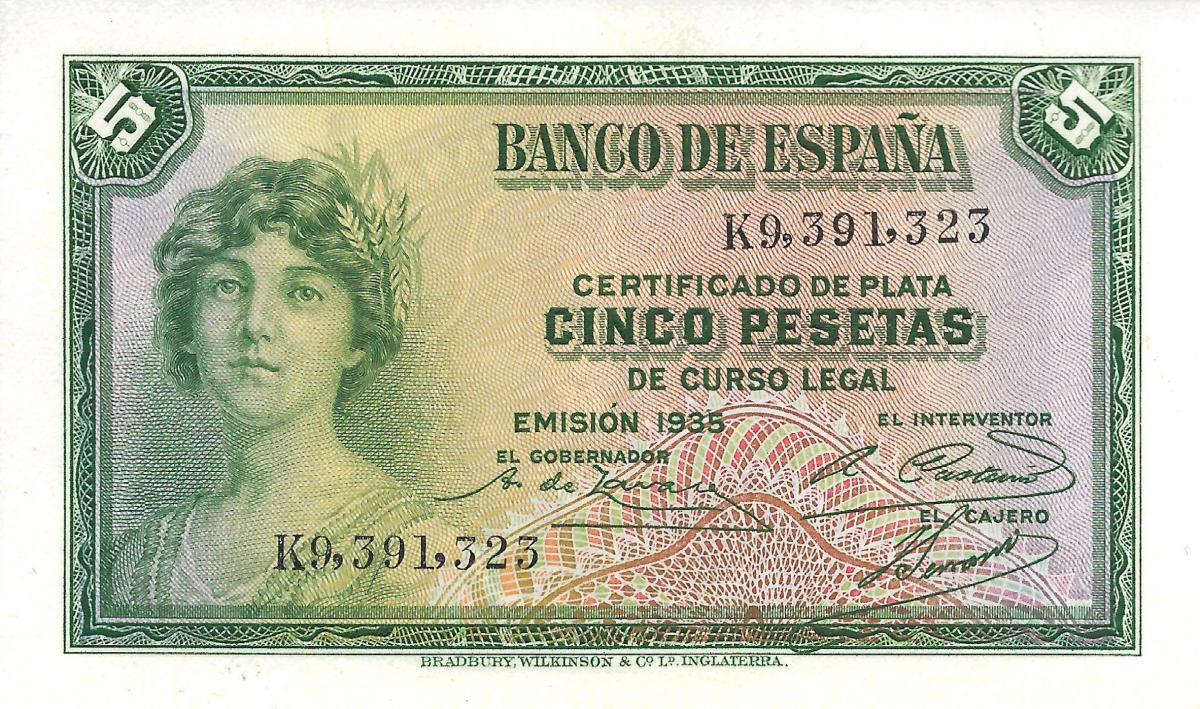 Front of Spain p85a: 5 Pesetas from 1935