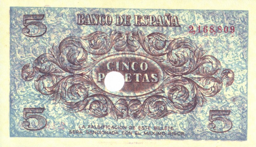 Back of Spain p97a: 5 Pesetas from 1936