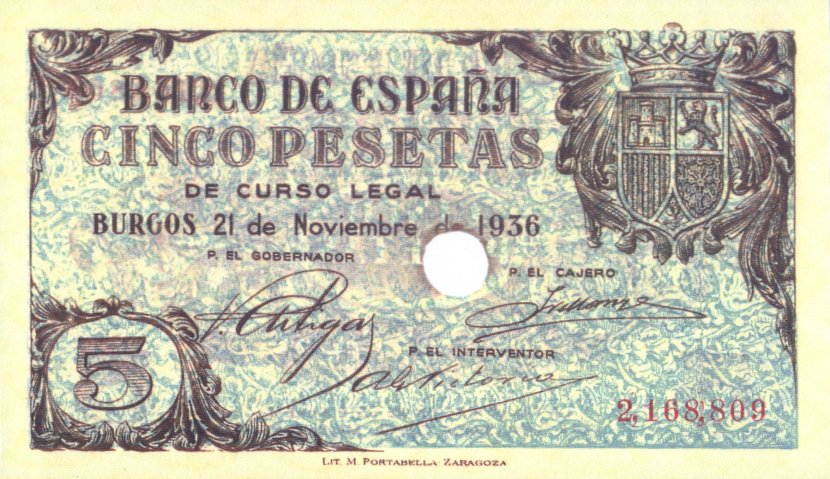 Front of Spain p97a: 5 Pesetas from 1936