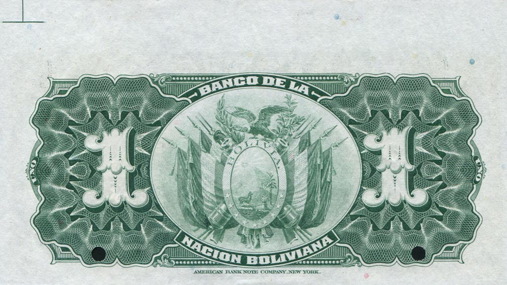 Back of Bolivia p103s: 1 Boliviano from 1911