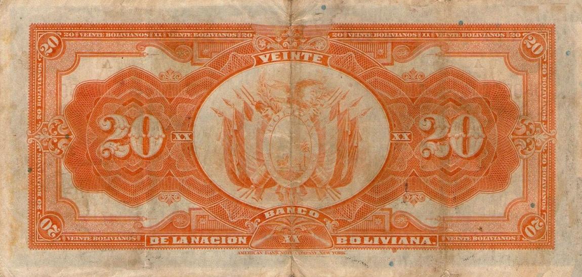 Back of Bolivia p109a: 20 Bolivianos from 1911
