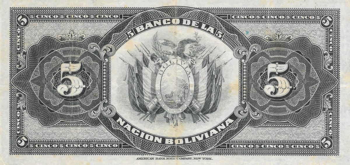 Back of Bolivia p113: 5 Bolivianos from 1929