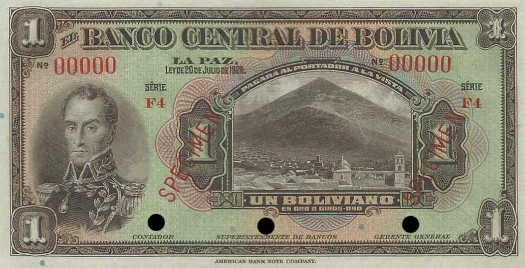Front of Bolivia p118s: 1 Boliviano from 1928