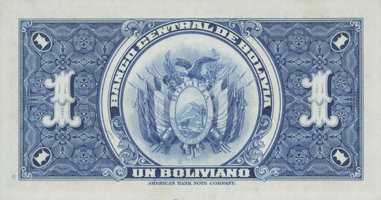 Back of Bolivia p119a: 1 Boliviano from 1928