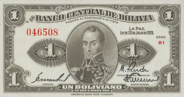 Front of Bolivia p119a: 1 Boliviano from 1928