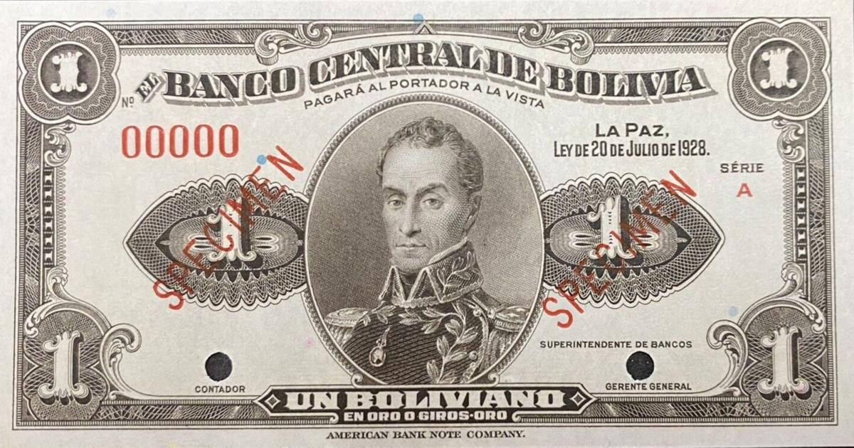 Front of Bolivia p119s: 1 Boliviano from 1928