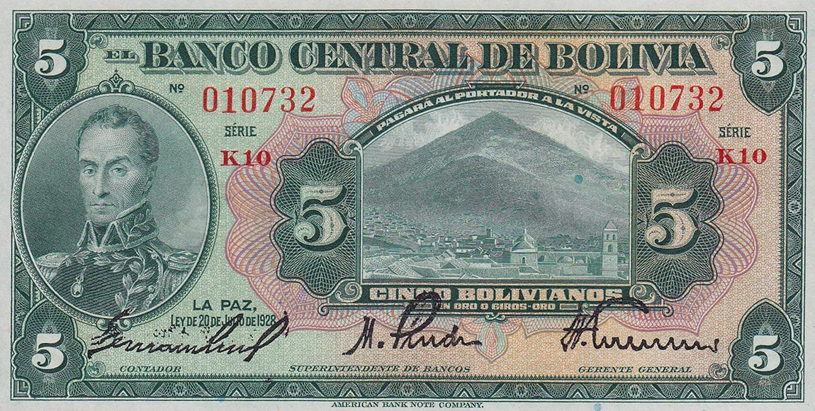 Front of Bolivia p120a: 5 Bolivianos from 1928