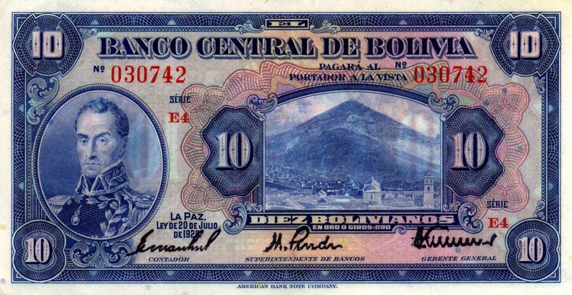 Front of Bolivia p121a: 10 Bolivianos from 1928