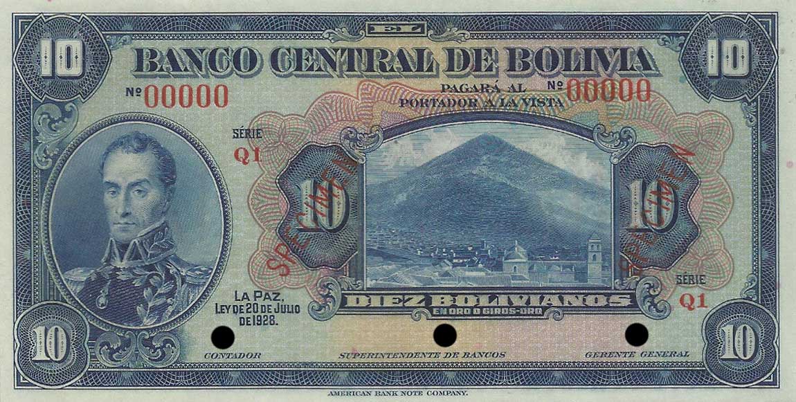 Front of Bolivia p121s: 10 Bolivianos from 1928