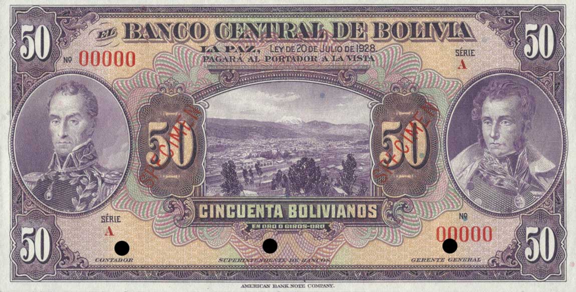 Front of Bolivia p123s: 50 Bolivianos from 1928