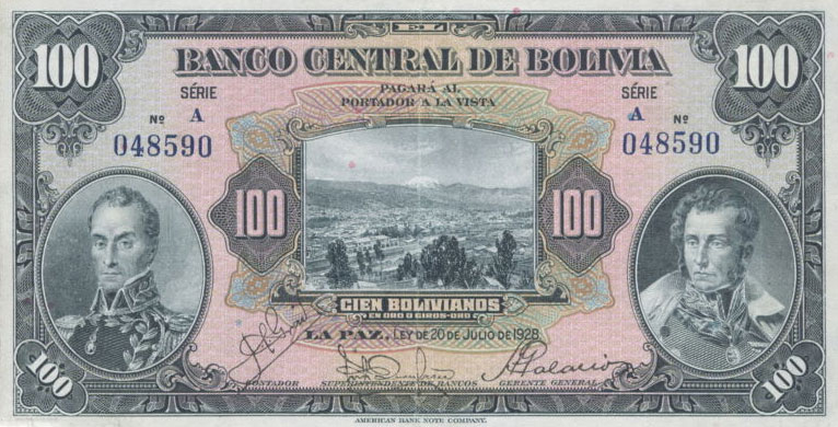 Front of Bolivia p125a: 100 Bolivianos from 1928