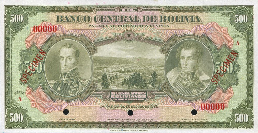 Front of Bolivia p126s: 500 Bolivianos from 1928