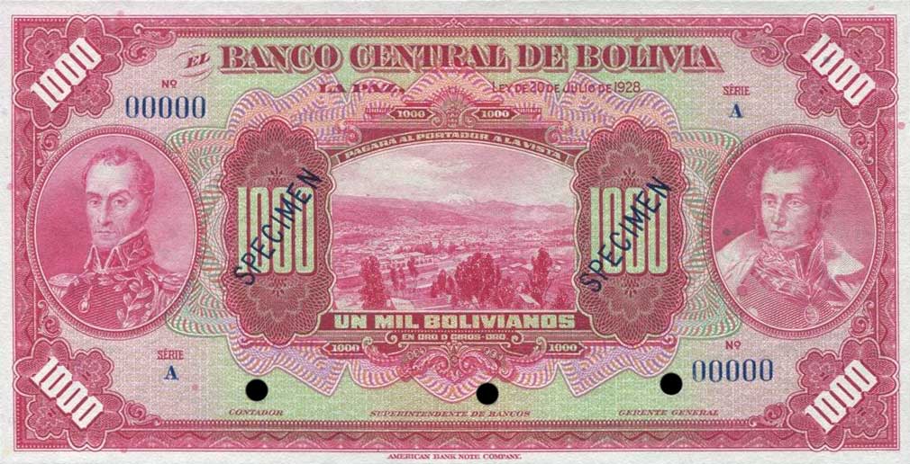 Front of Bolivia p127s: 1000 Bolivianos from 1928