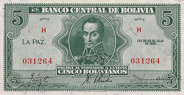 Front of Bolivia p129: 5 Bolivianos from 1928