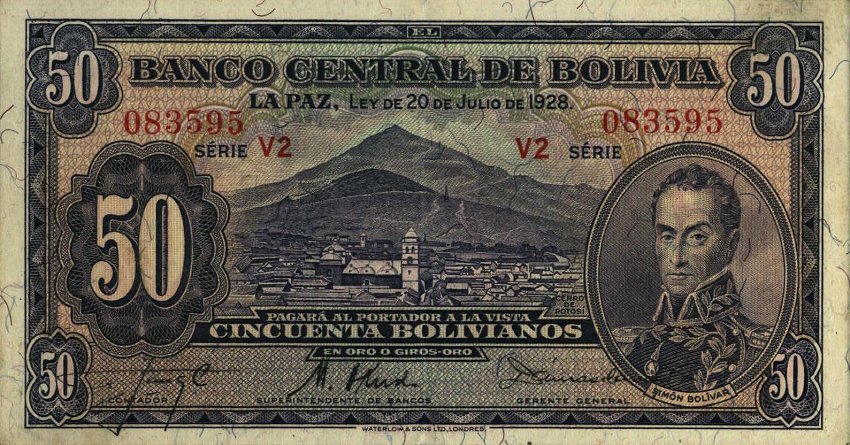 Front of Bolivia p132: 50 Bolivianos from 1928